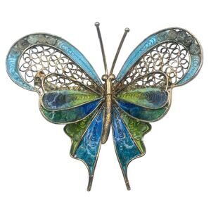 Vintage Enamel Butterfly Brooch Filigree Gold Tone Blue Green